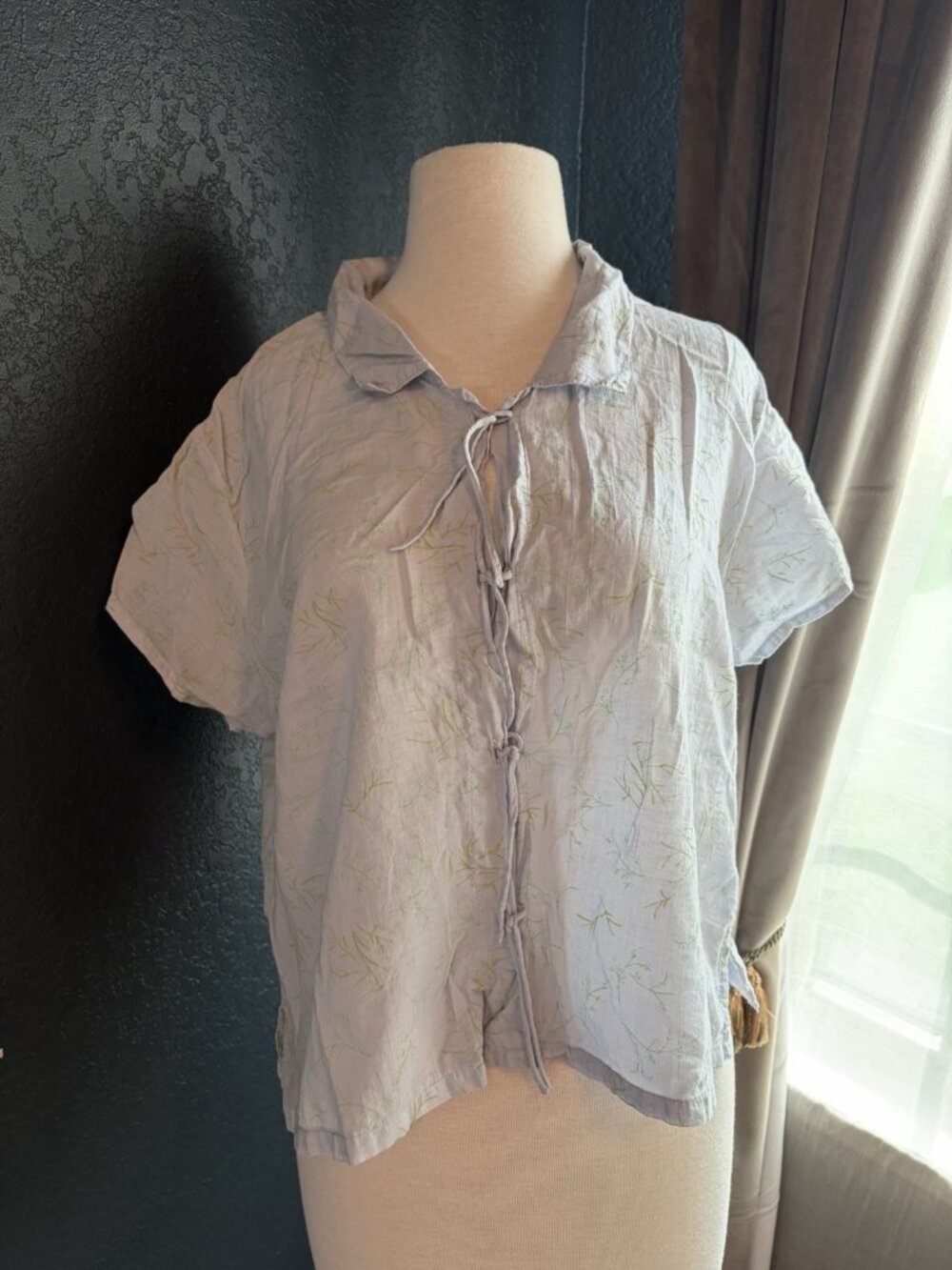 Vintage Y2K Light Blue Stamp Brand Apparel Front Blouse Lagenlook Sz L Cotton